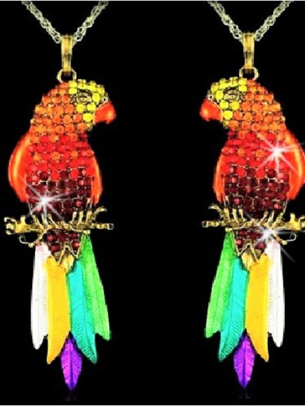 HUGE Pave Set Rainbow Crystal PARROT Bird Pendant Chain statement Necklace Gold
